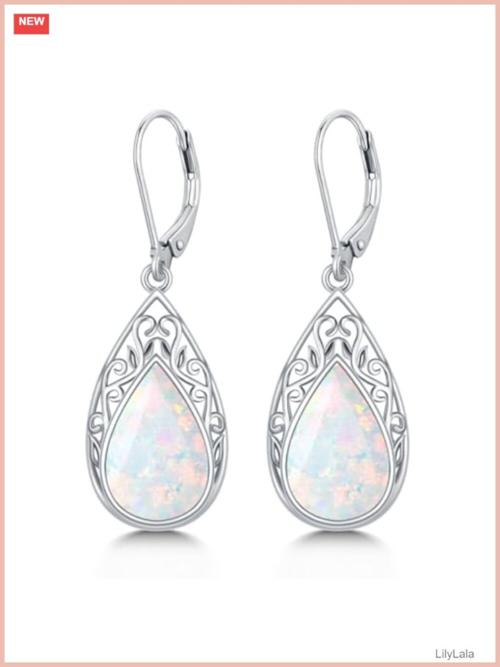Filigree Opal Dangle Earrings 925 Sterling Silver Teardrop Lever Back